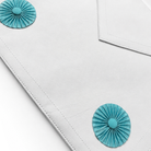 UGLE approved Fellow Craft Masonic apron with two turquoise rosettes cloe up.
