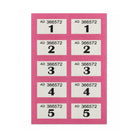A sheet of rectangular raffle tickets labels with a pink border and white centers, arranged in two columns. Each label shows the text 'AD 366572' followed by a black number from 1 to 5, on a plain white background. Ideal for a Masonic festive boards.