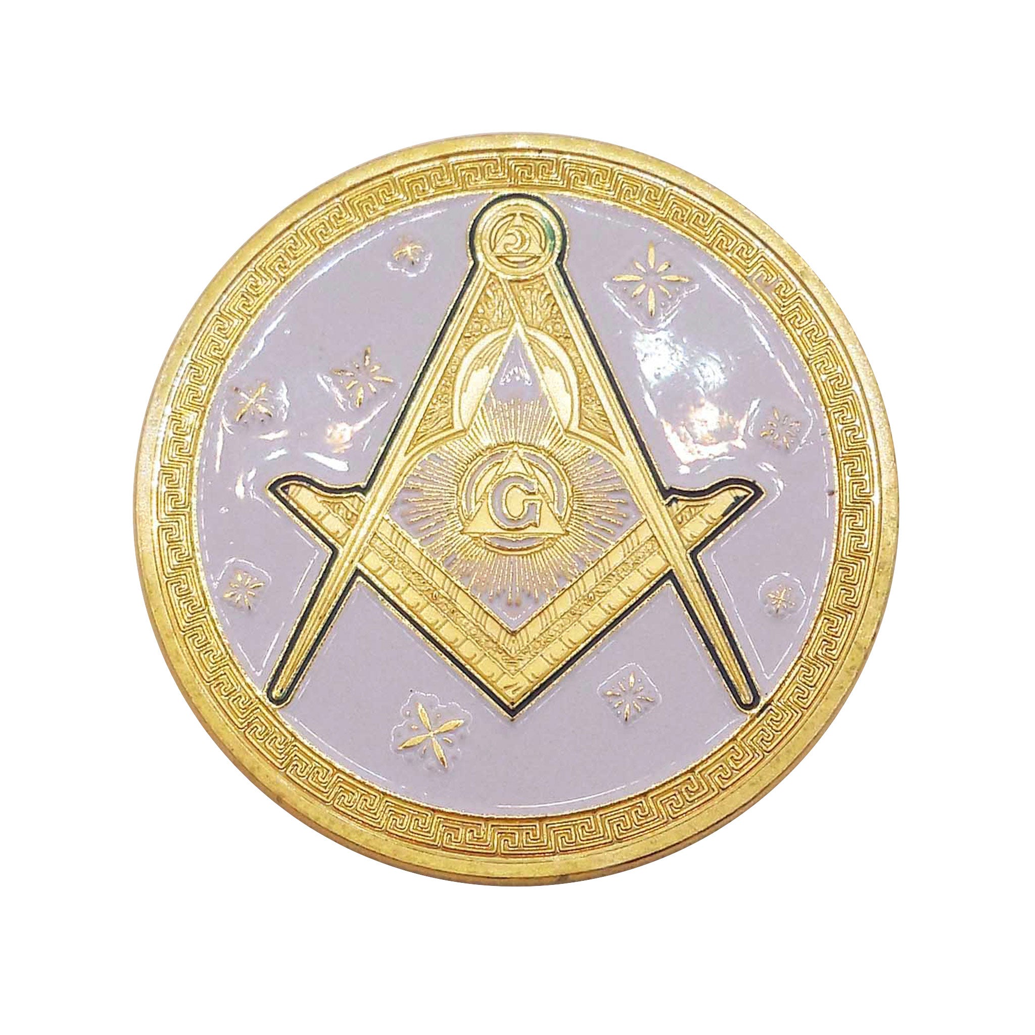 A hand-painted collectable coin with Freemasons' Hall depicted on one side and the square & compasses design on the reverse, predominantly gold and silver in color.