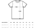 Back print on white showing t-shirt sizes in cm