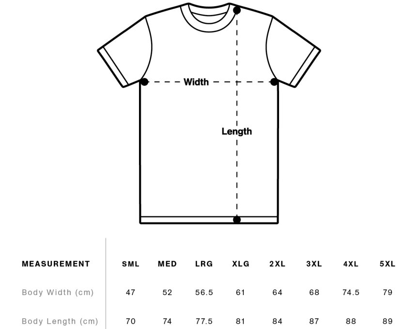 Back print on white showing t-shirt sizes in cm