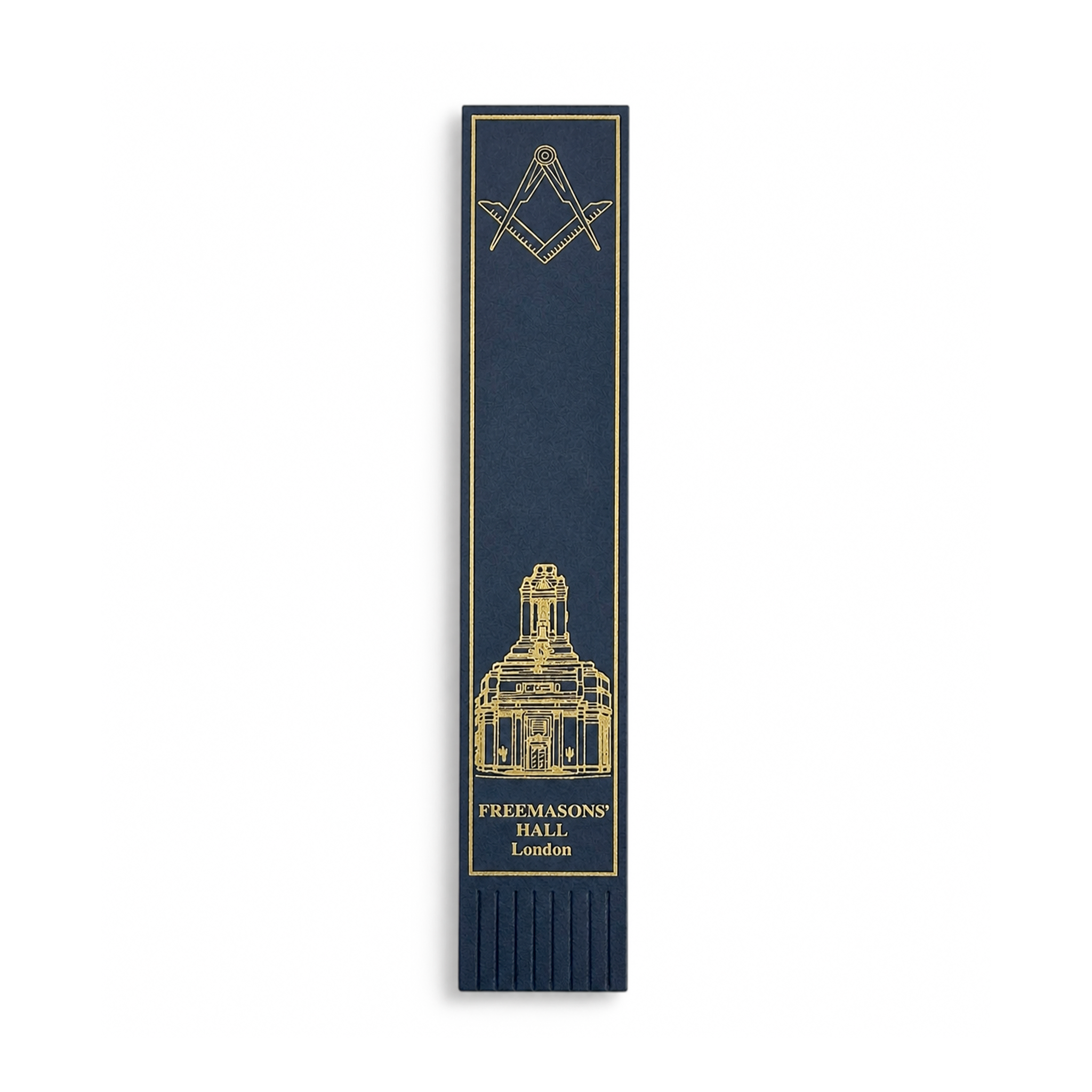 Masonic Premium blue leather bookmark featuring the gold Square & Compasses logo and Freemasons’ Hall, London design.