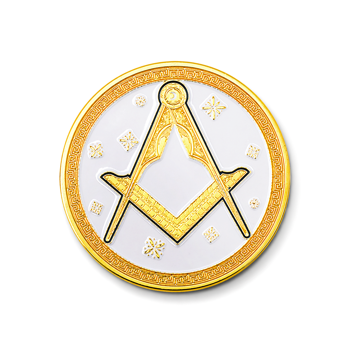 Masonic square and compass gold and white commemorative coin, Freemason collectible token with detailed emblem design