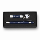 Gift set in a black presentation box containing a navy blue pen and a matching small flashlight keychain, both branded ‘Freemasons’ Hall London’ with a square-and-compass symbol, alongside a metal keyring.”