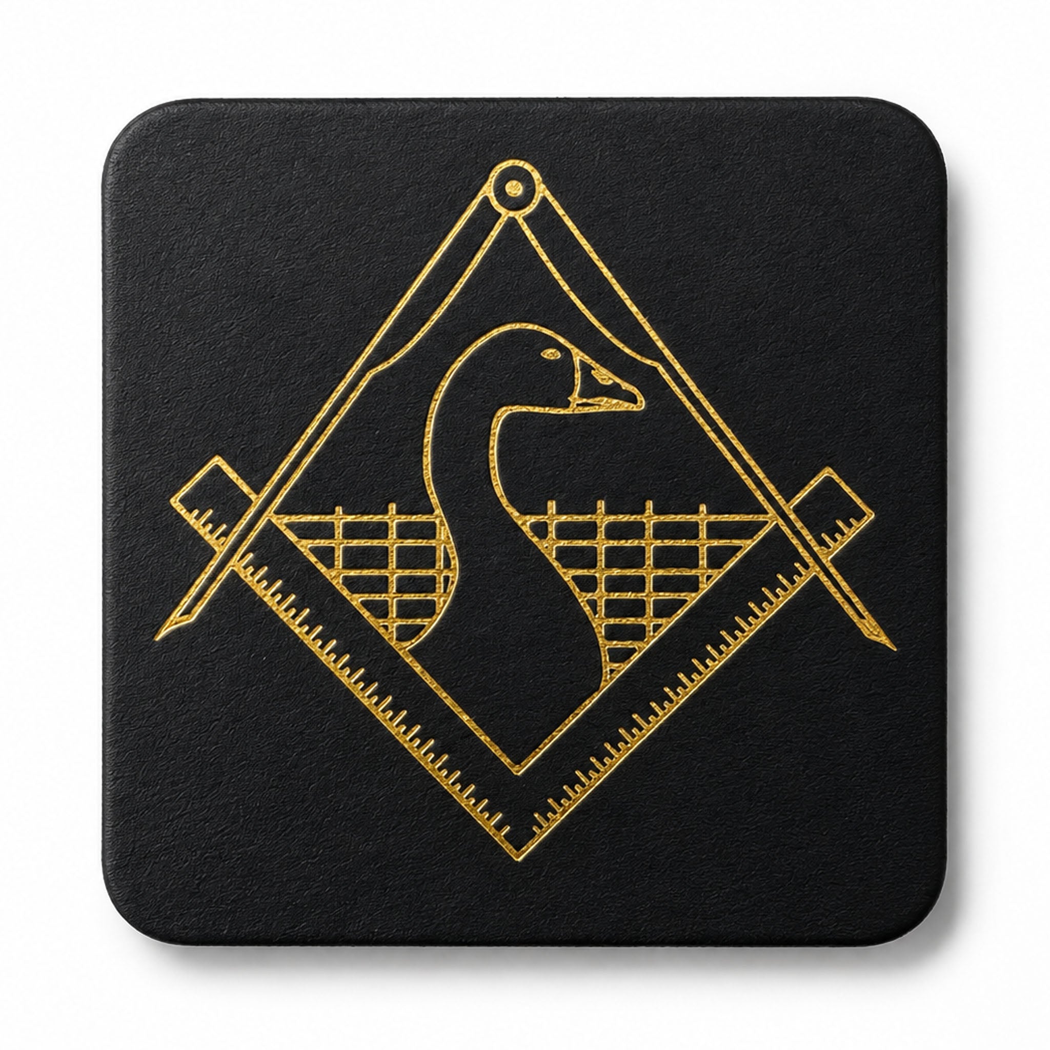 Black premium Masonic leather coaster featuring the Freemason Goose and Gridiron emblem