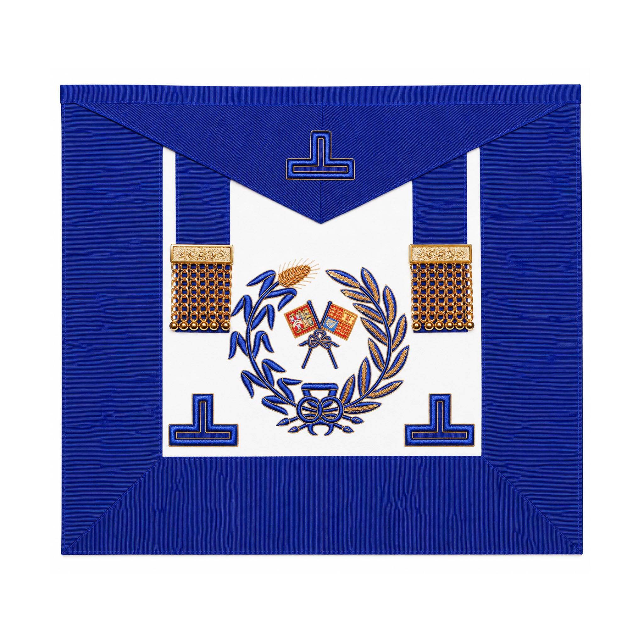 Grand Rank Masonic Apron undress style with blue trim, gold tassels and embroidered Grand Rank emblems