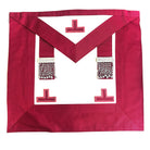 A red and white Masonic apron featuring white and silver geometric patterns and embellishments.
