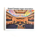 Cover of a book titled 'GRAND TEMPLE ORGAN RENOVATION' showing an interior view of a Freemasons' Hall Grand Temple with a large organ.