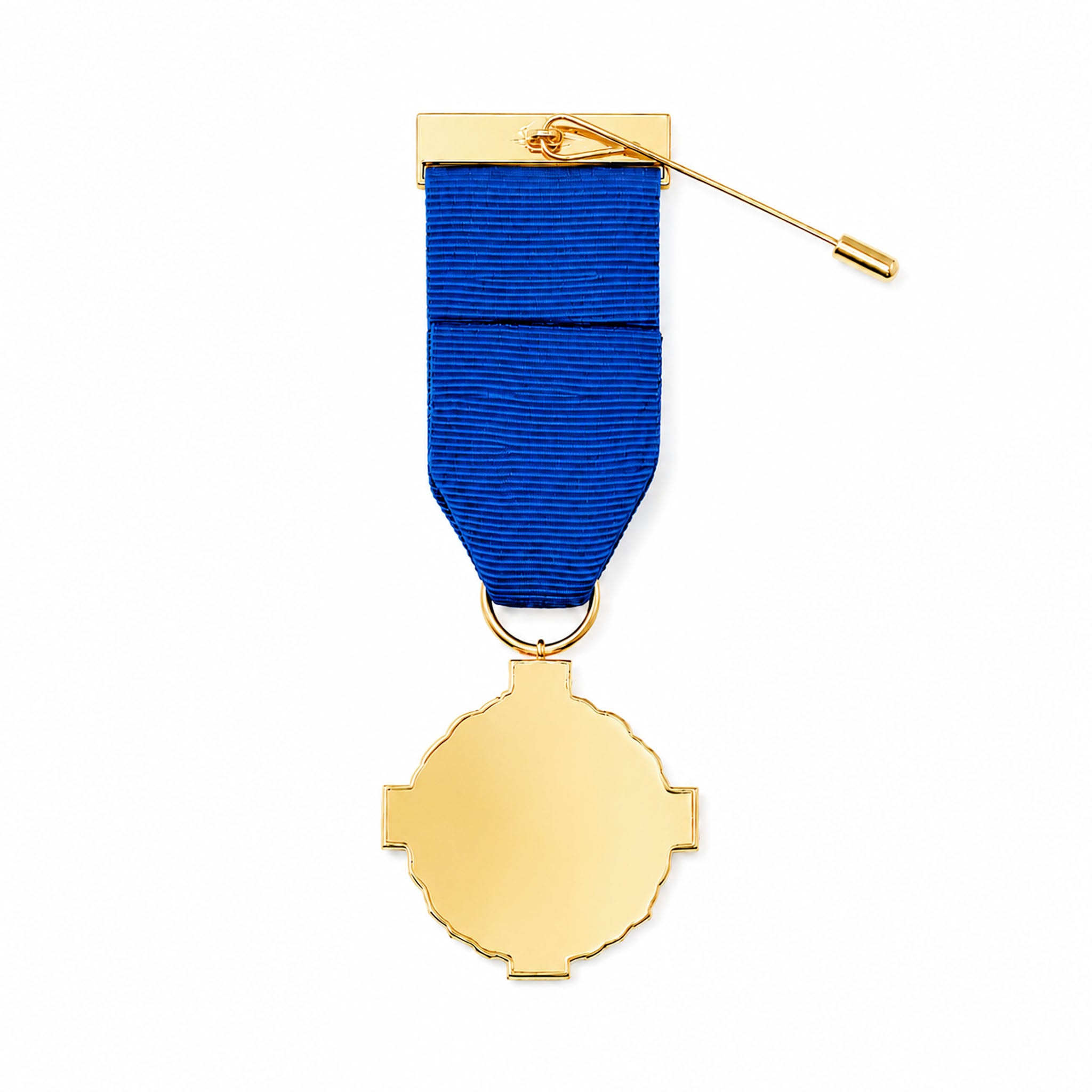 A gold-coloured medal with a blue ribbon and a small gold pin attached, shown on a plain white background.