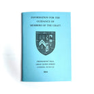 Blue book titled 'Information for the Guidance of Members of the Craft' with a Masonic UGLE crest on a light blue background