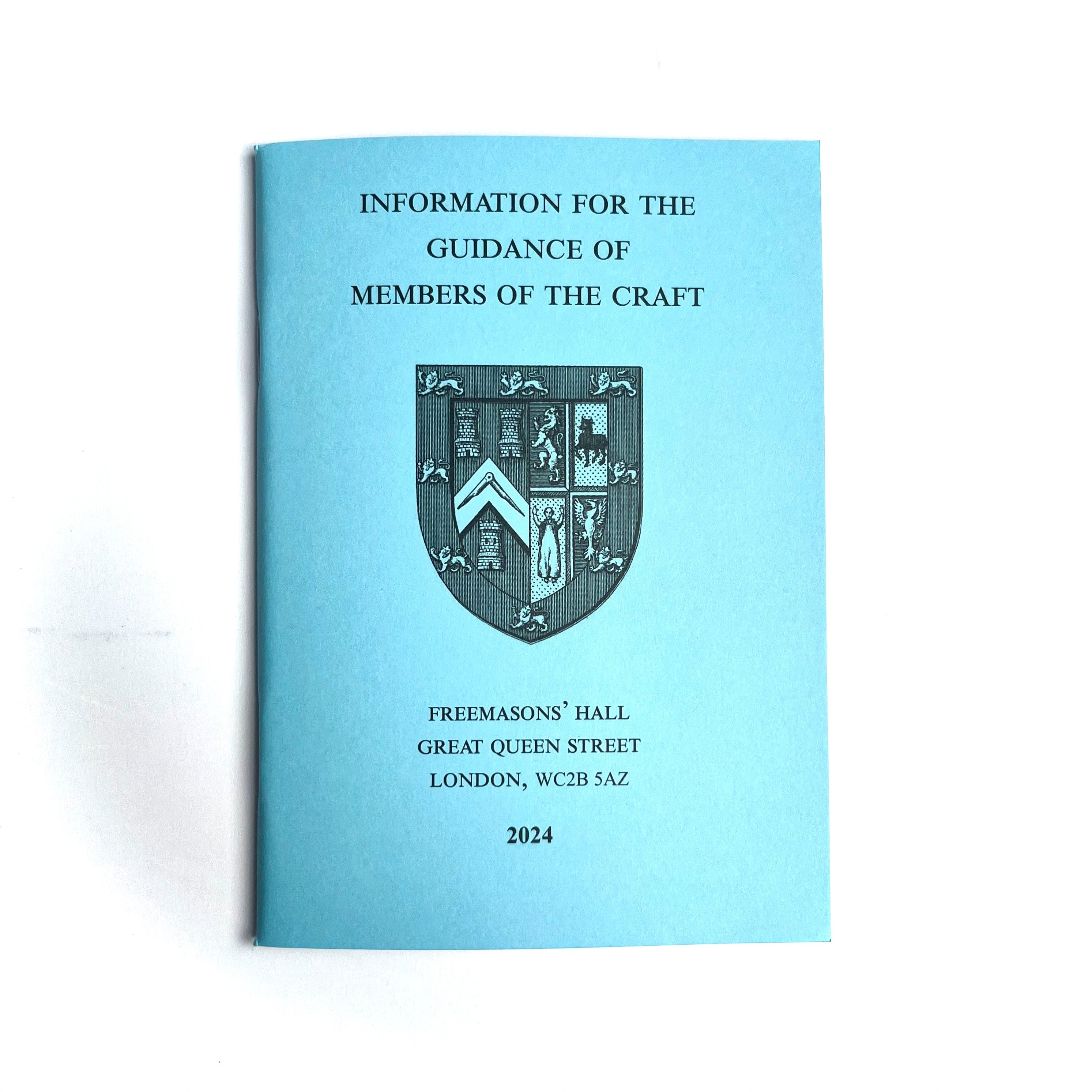 Blue book titled 'Information for the Guidance of Members of the Craft' with a Masonic UGLE crest on a light blue background