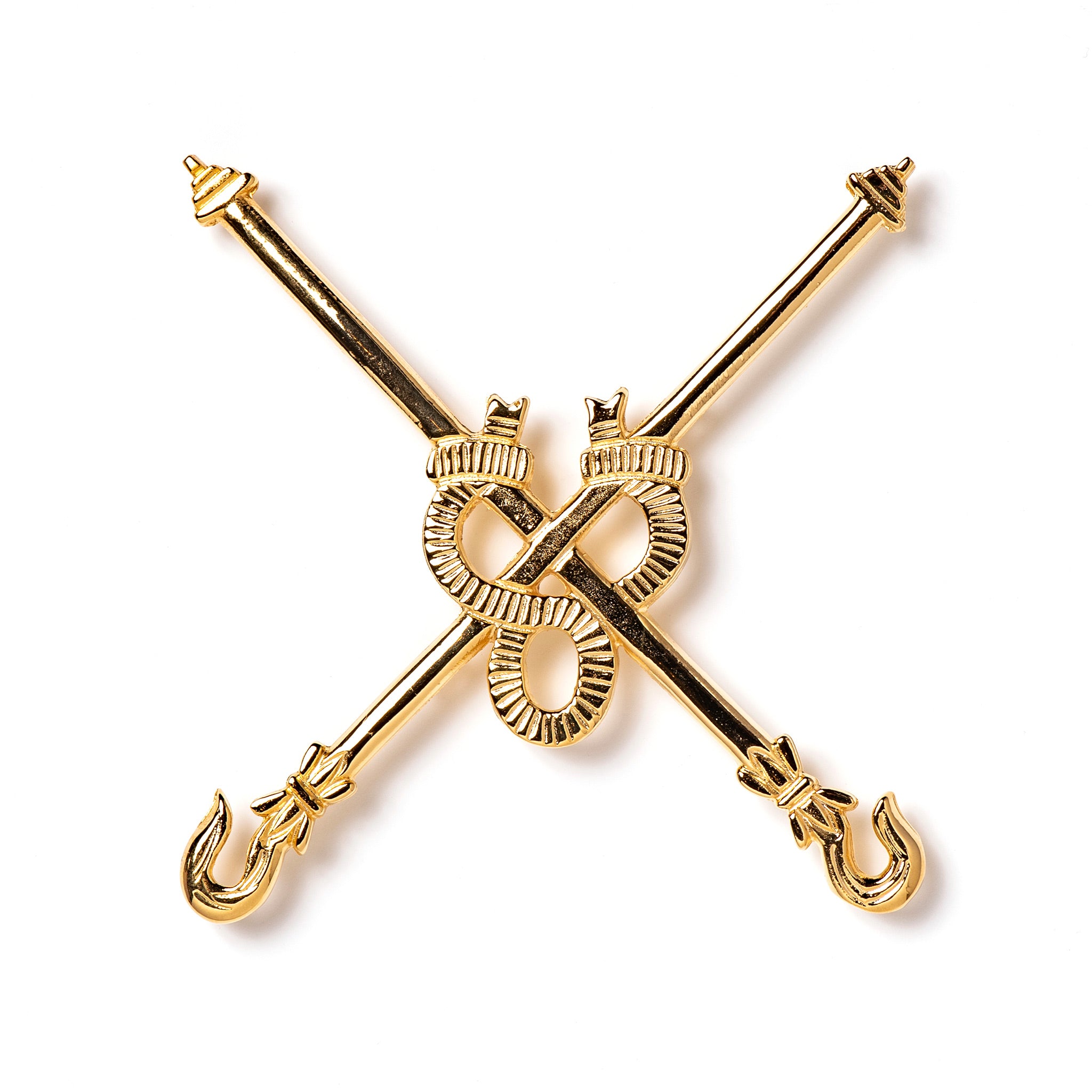 A Masonic brooch featuring crossed croziers with a polished gold finish and premium plating.