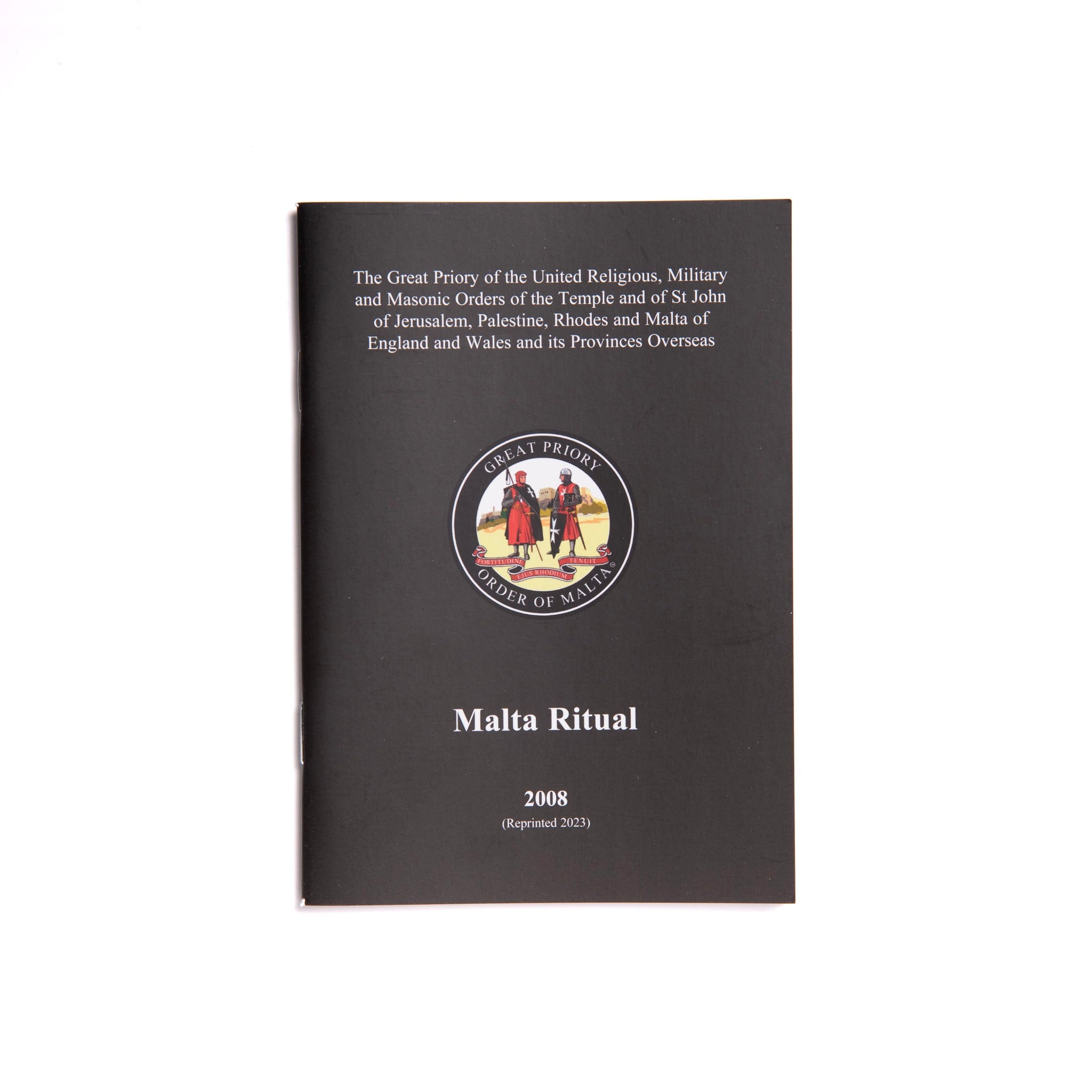 A black cover of a book titled 'Malta Ritual' with the emblem of the Knights of Malta and the date '2008' printed on it. Reprinted 2023.