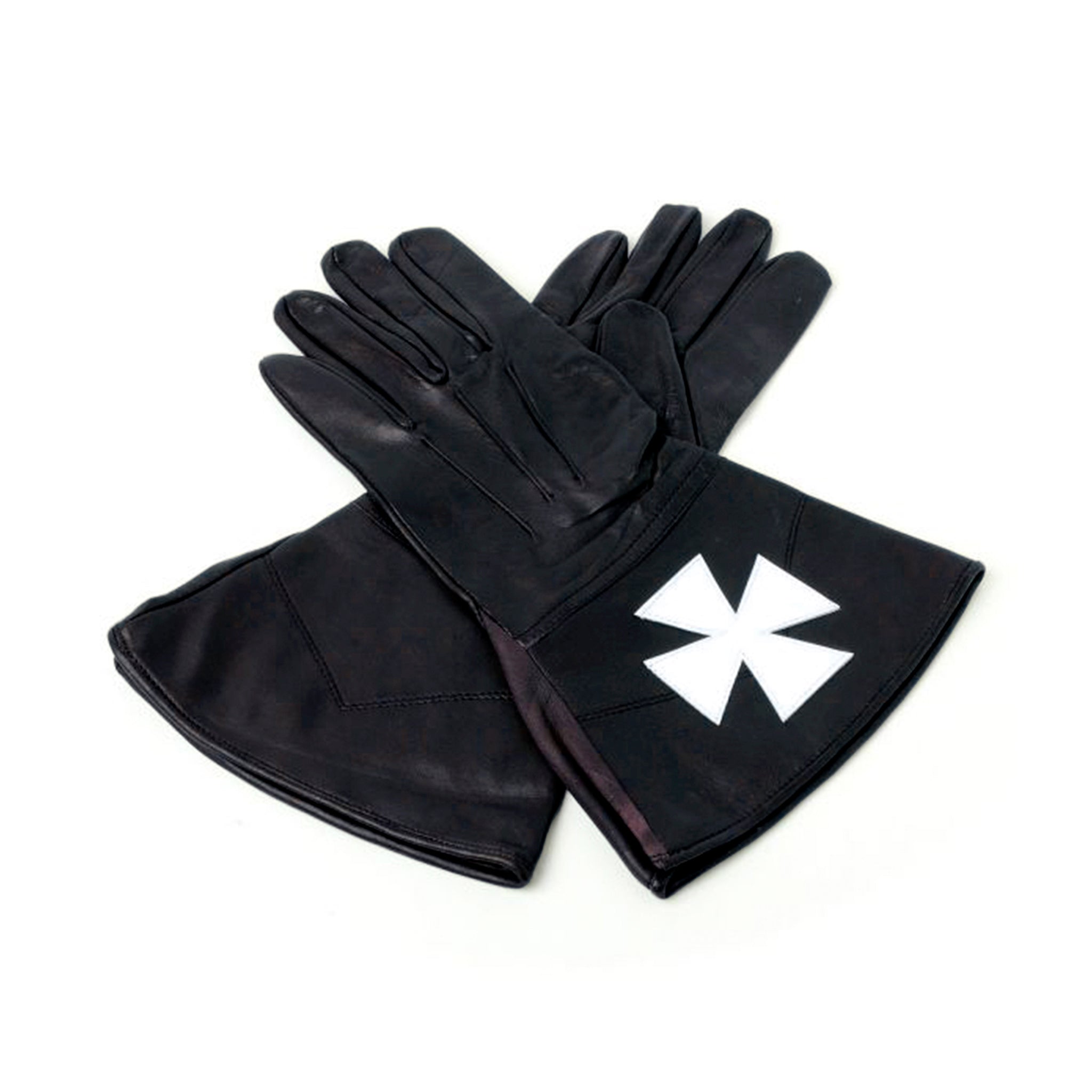 A pair of Masonic black Knights-Malta-Guantlets wiht a white cross.