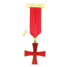 A Knights Templar Cross Breast Jewel with a red ribbon and gold-colored cross, featuring a stickpin fitting on the back.