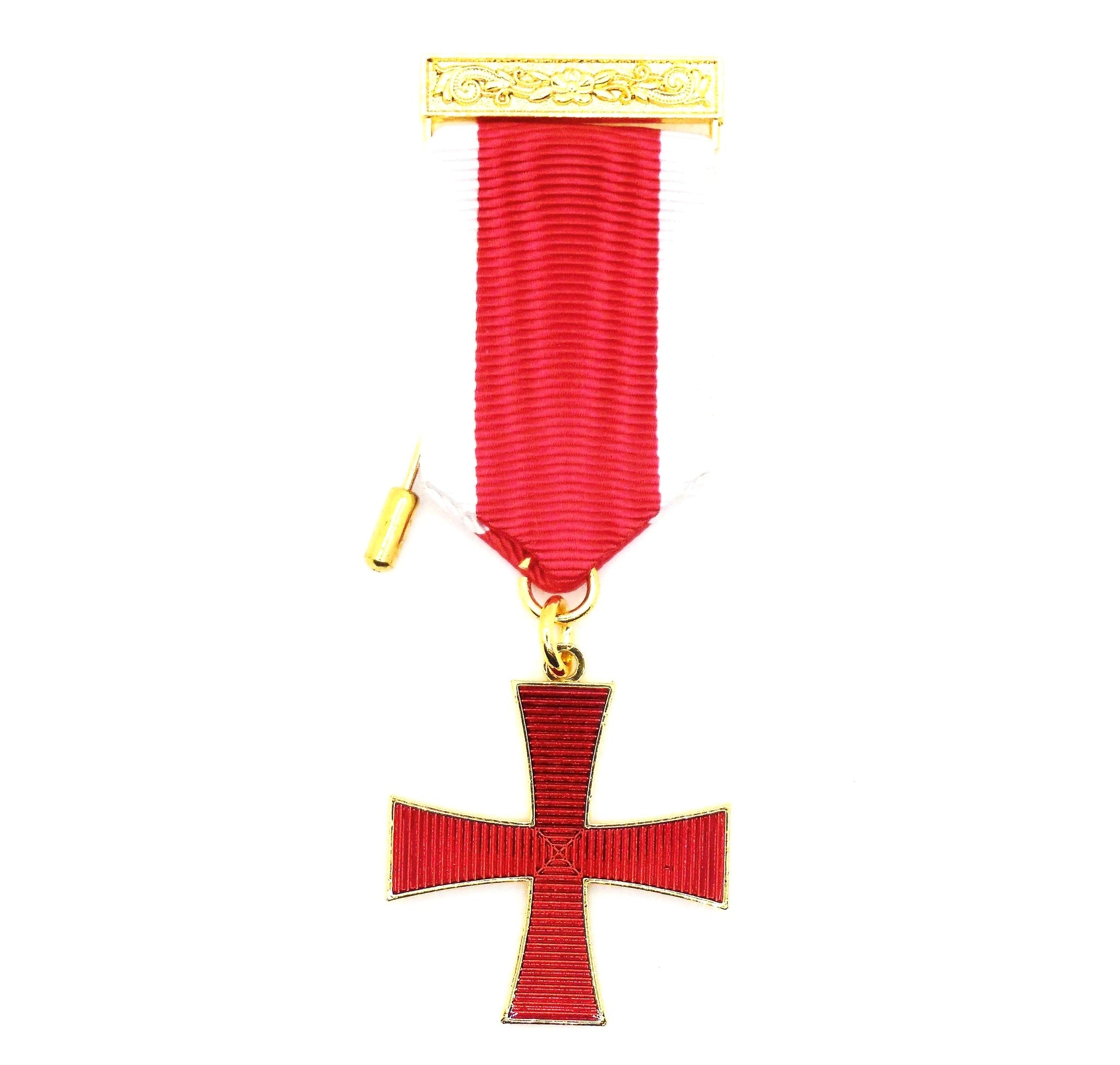 A Knights Templar Cross Breast Jewel with a red ribbon and gold-colored cross, featuring a stickpin fitting on the back.