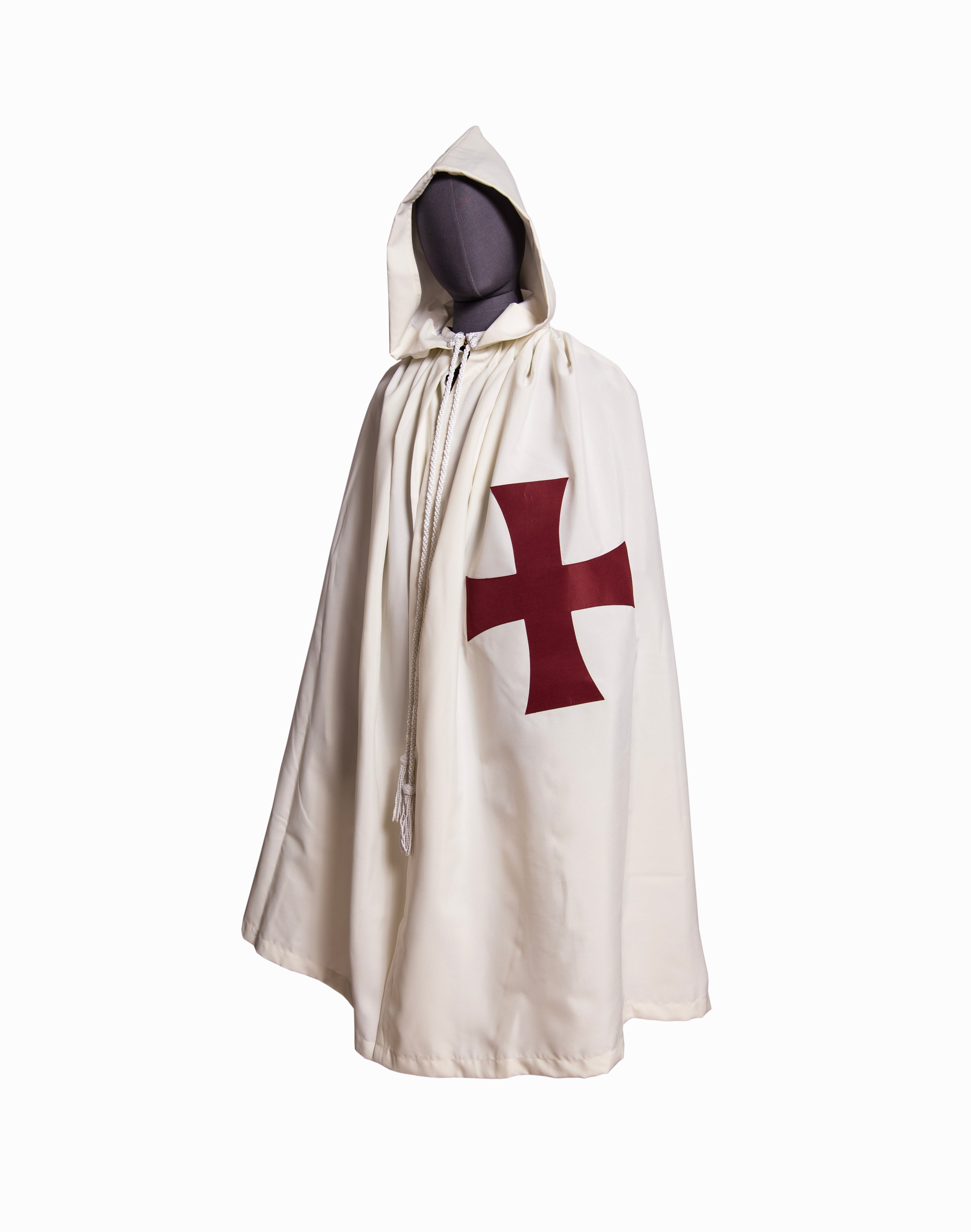 A Masonic Knights Templar Mantle,white hooded with a red cross emblem on the back.