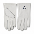 Masonic white leather gloves with blue square and compasses embroidery, Freemason lodge regalia gloves