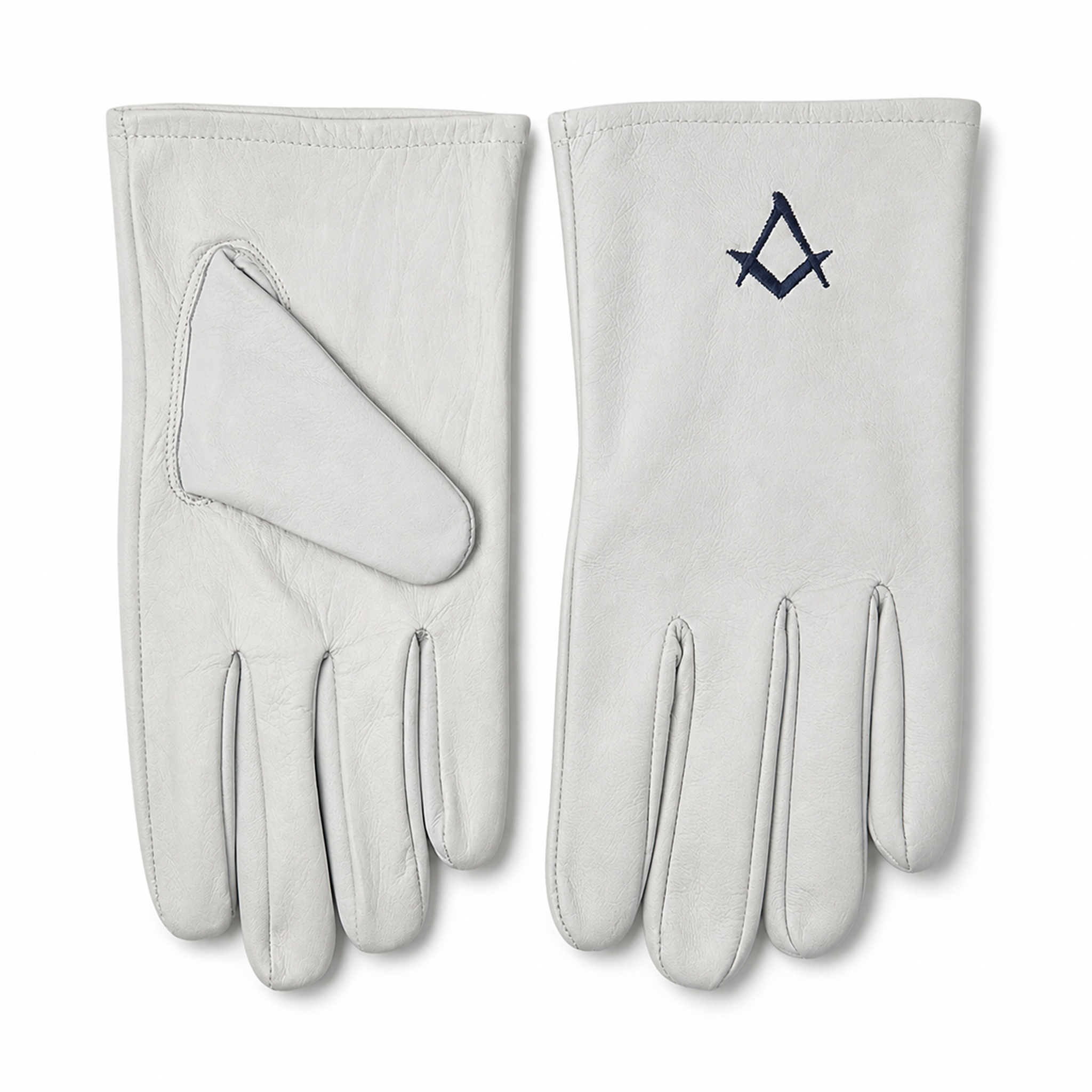 Masonic white leather gloves with blue square and compasses embroidery, Freemason lodge regalia gloves