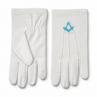 Masonic white cotton gloves with light blue square and compasses embroidery, Freemason lodge regalia gloves