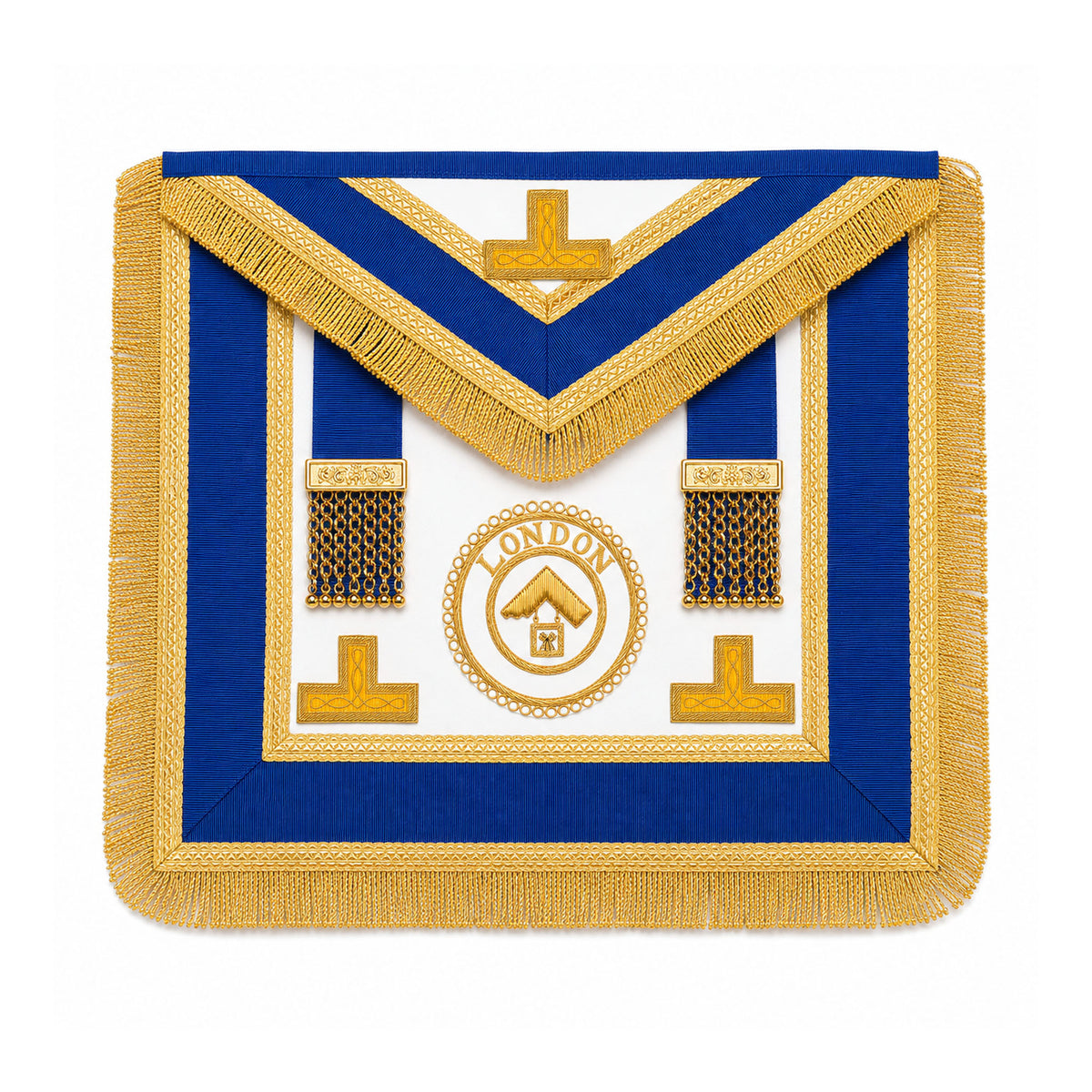 London Grand Rank Masonic Apron dress style with blue trim, gold fringe and embroidered London Grand Rank badge