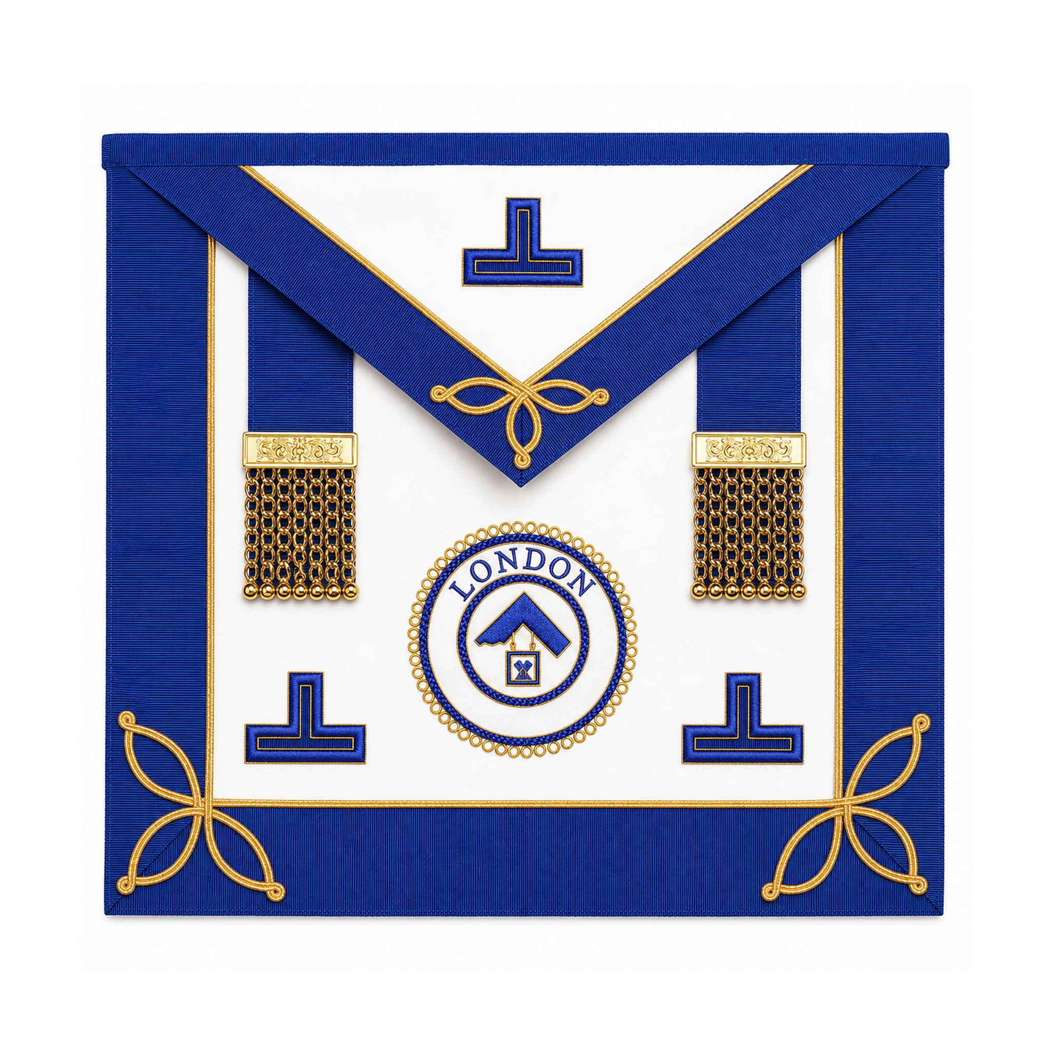London Grand Rank Masonic Apron undress style with blue trim, gold detailing and London Grand Rank badge
