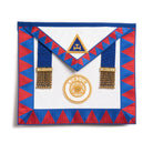 A Masonic London Grand Chapter Rank Apron featuring a blue and red geometric pattern with a gold badge and chain details.