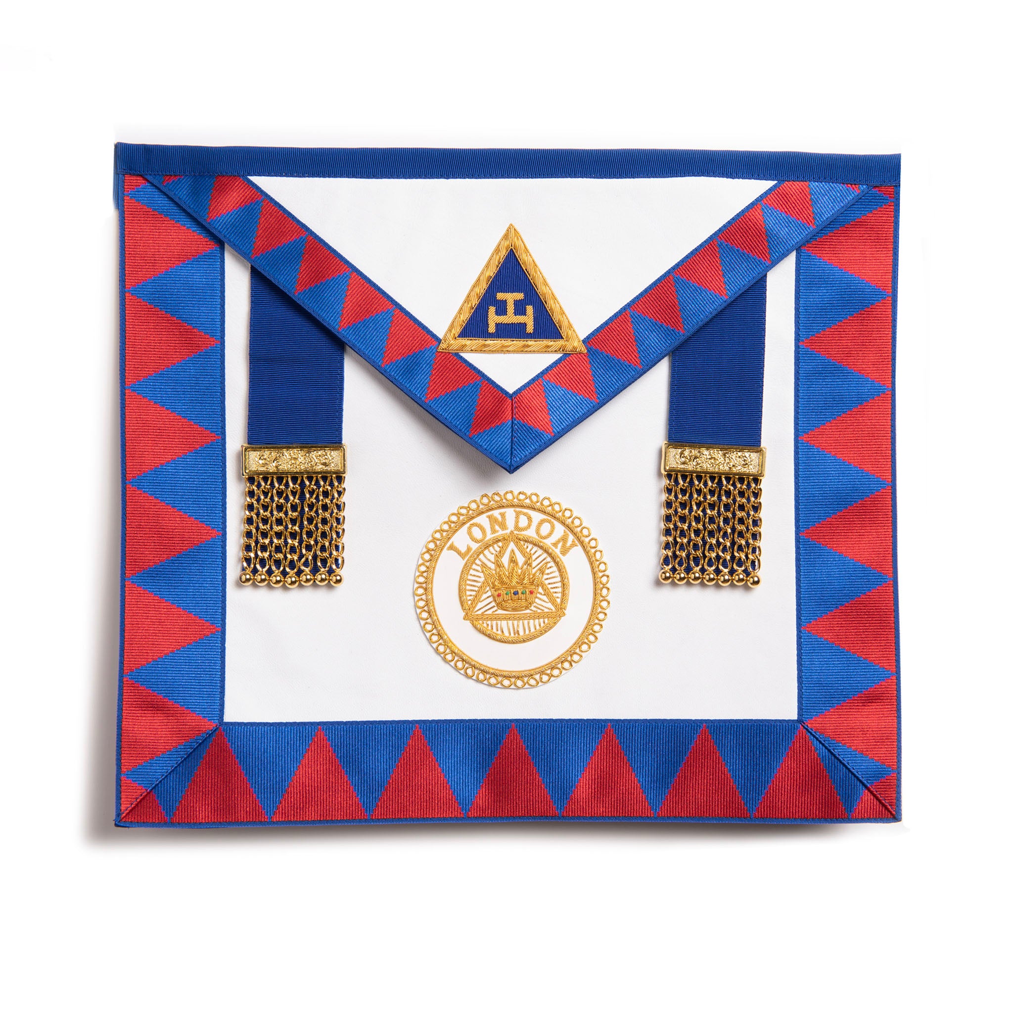 A Masonic London Grand Chapter Rank Apron featuring a blue and red geometric pattern with a gold badge and chain details.