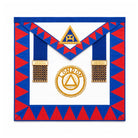 UGLE-approved Masonic Royal Arch London chapter rank apron featuring a white and blue front with a gold emblem, red and blue geometric patterns on the sides.