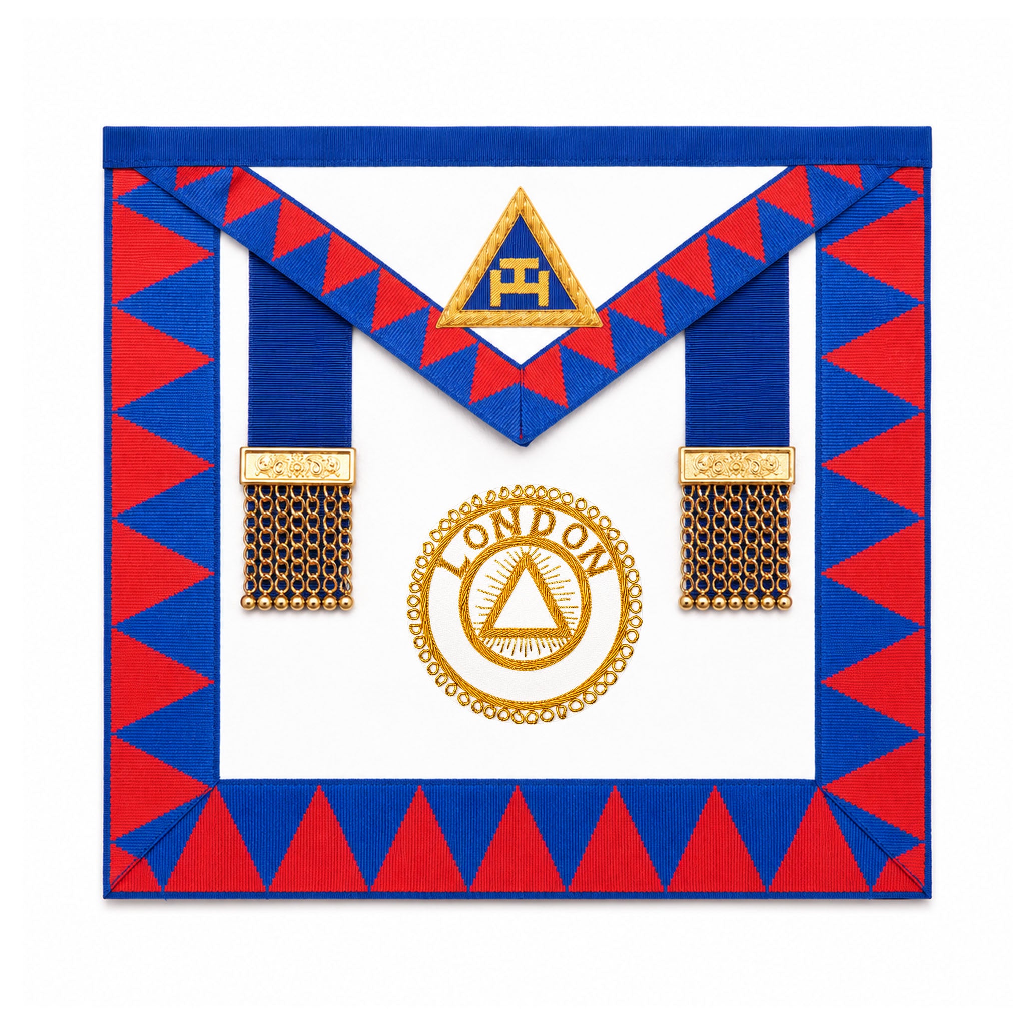 UGLE-approved Masonic Royal Arch London chapter rank apron featuring a white and blue front with a gold emblem, red and blue geometric patterns on the sides.