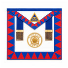 UGLE-approved Masonic Royal Arch senior London grand chapter rank apron featuring a white and blue front with a gold emblem, red and blue geometric patterns on the sides.