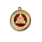 A gold and red colored Masonic collar jewel with the word 'LONDON' and a crown motif in the centre.