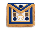 A blue and gold masonic apron with rosettes and a badge in the center.