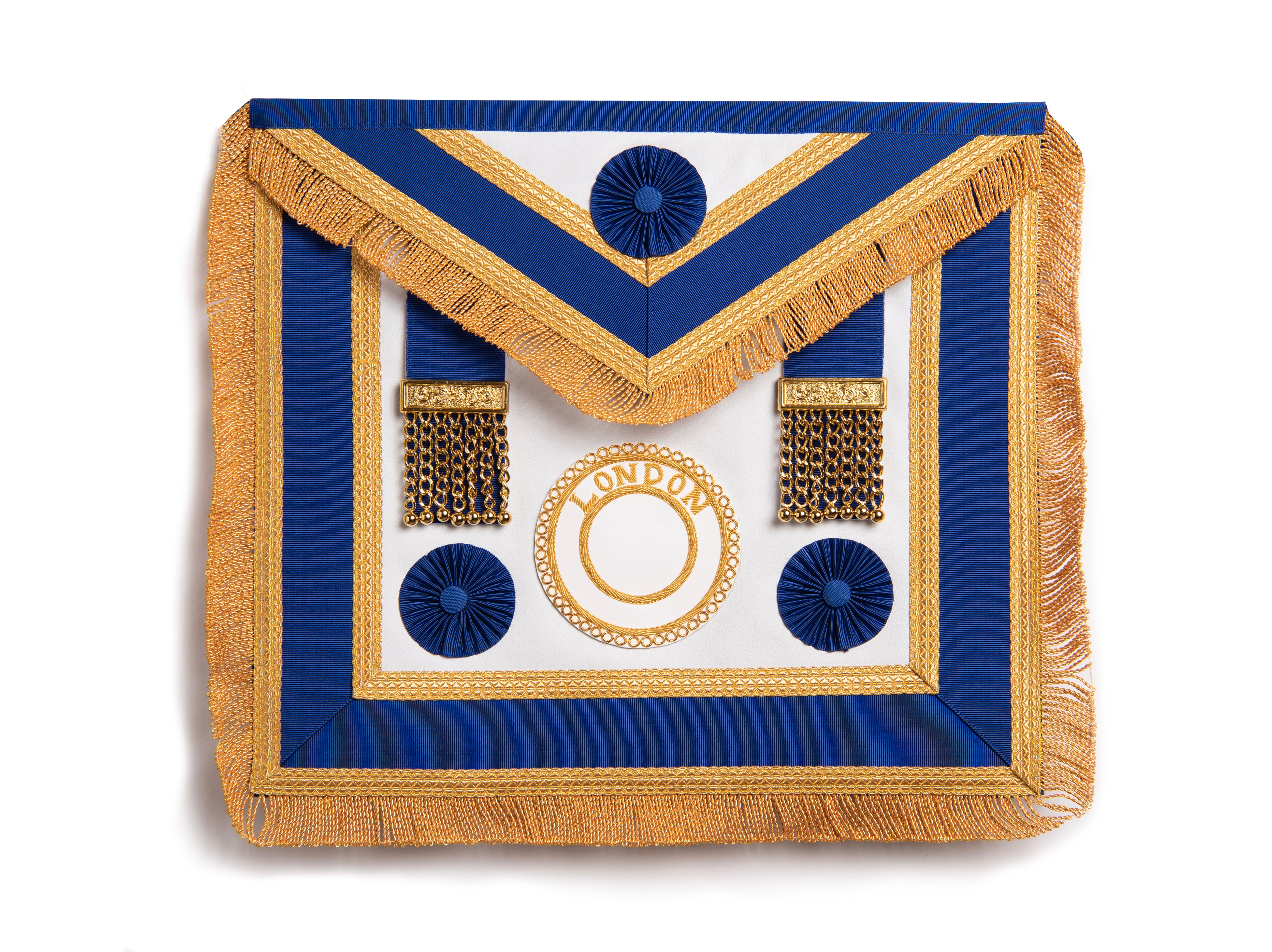 A blue and gold masonic apron with rosettes and a badge in the center.