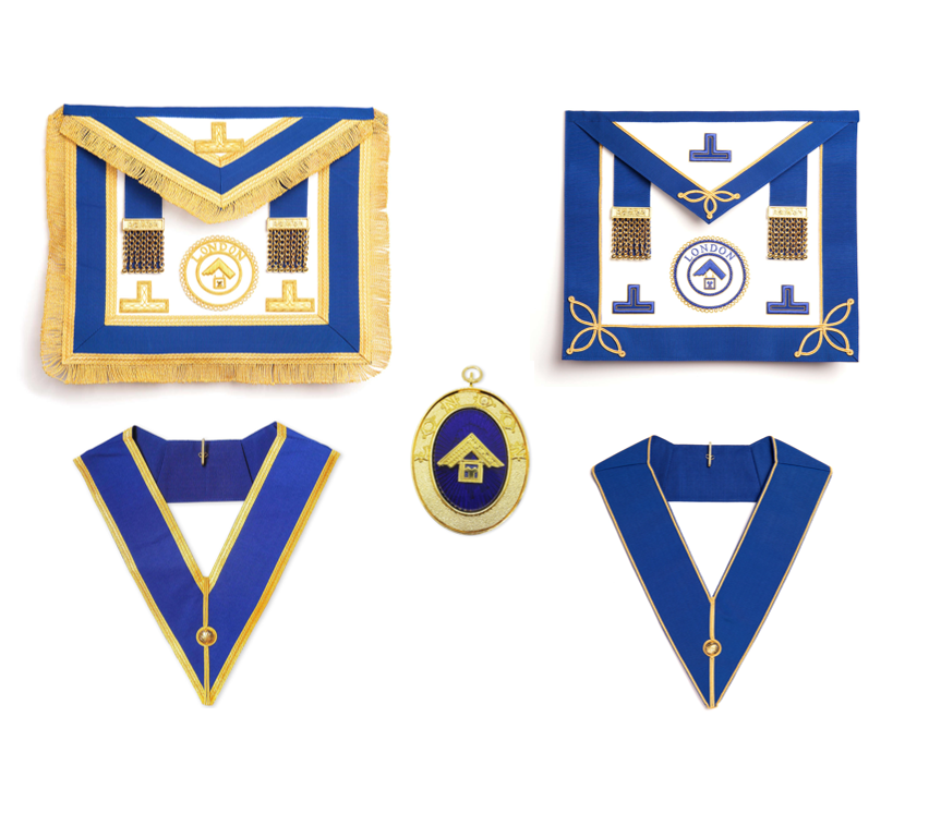 London Grand Rank Masonic aprons, jewel and collars with blue and gold colours on a white background