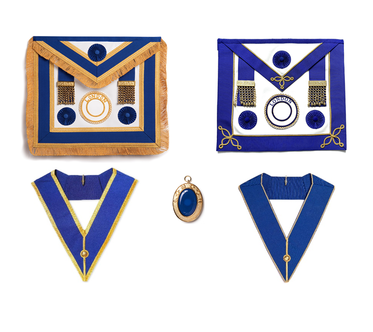 Masonic leather regalia including apron, collar, and pendant on a white background