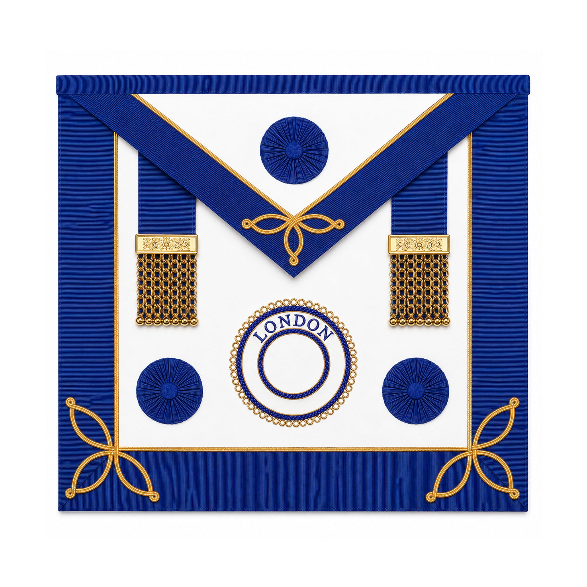 London Rank Masonic Apron undress style with blue trim, gold detailing and London rank badge