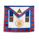 A Masonic London Senior Grand Chapter Rank Apron featuring a blue and red geometric pattern with a gold badge and chain details.
