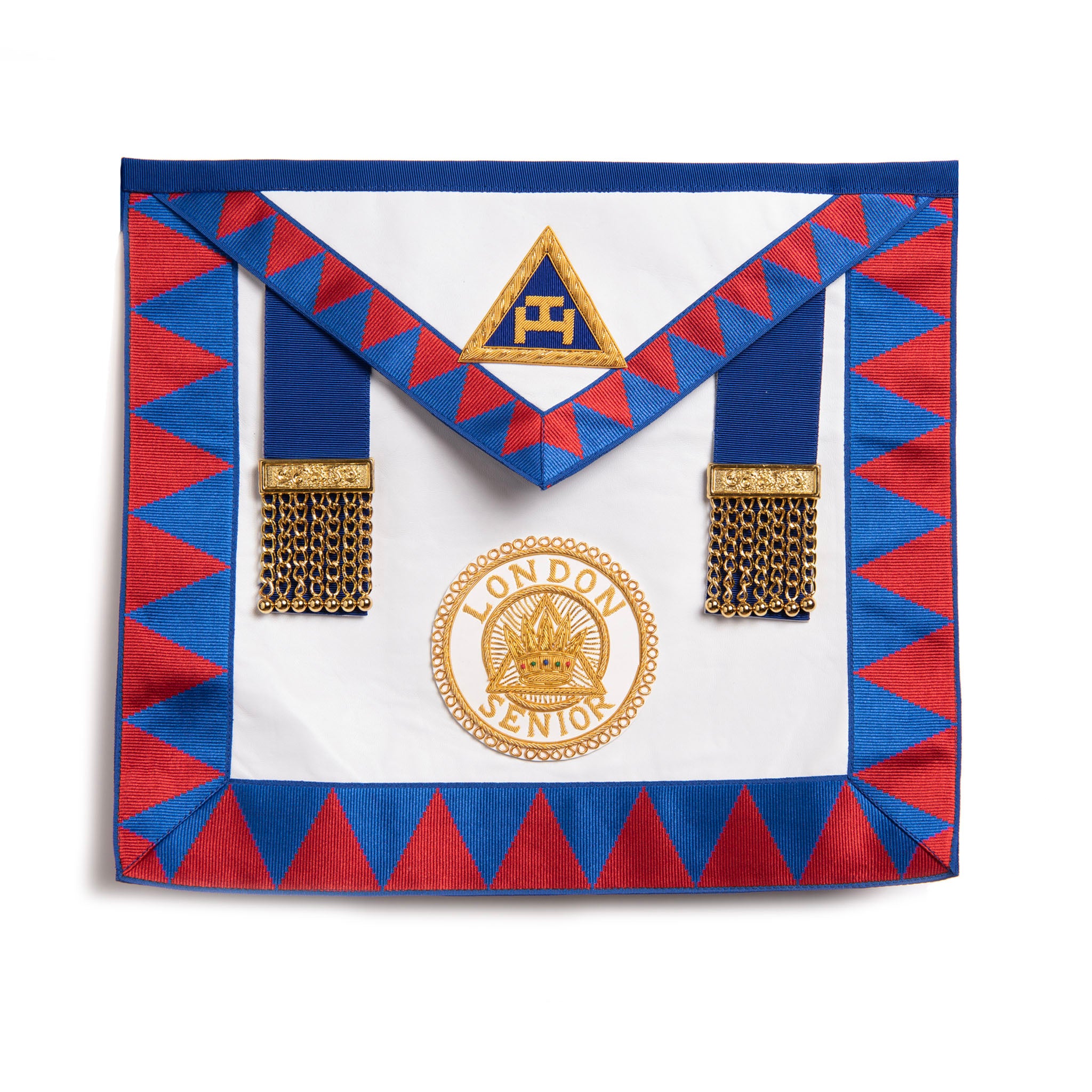 A Masonic London Senior Grand Chapter Rank Apron featuring a blue and red geometric pattern with a gold badge and chain details.