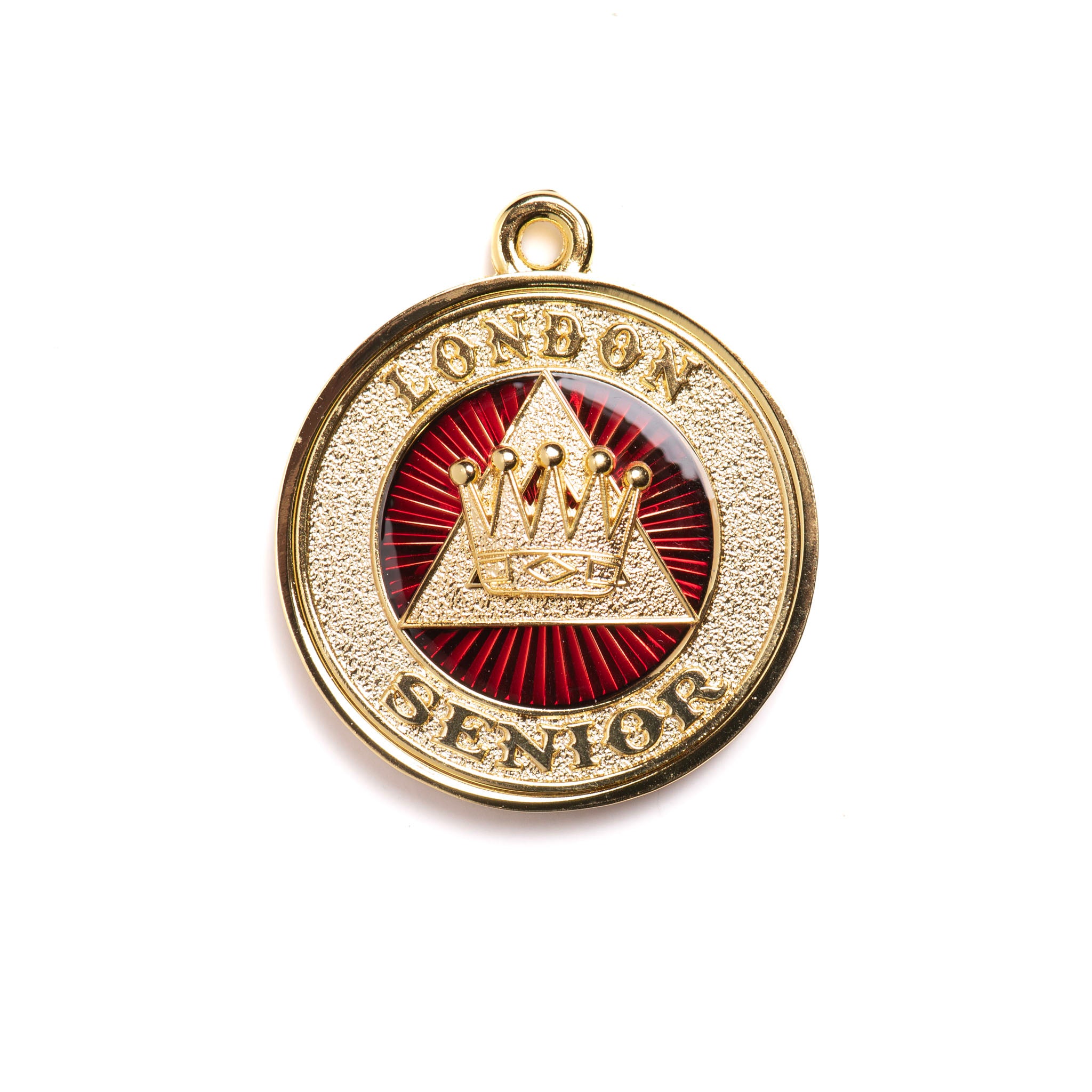 A gold and red coloured Masonic collar jewel with the word 'LONDON SENIOR' and a crown motif in the centre.