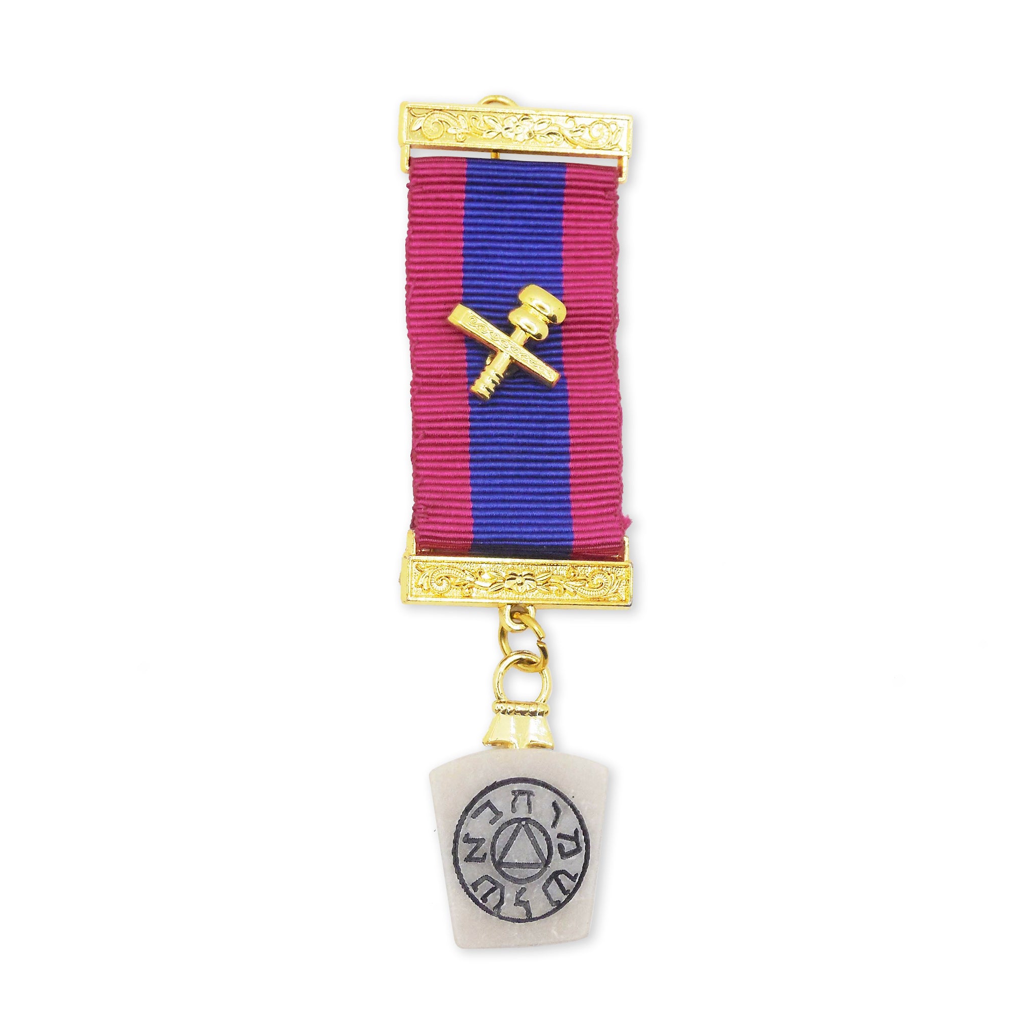 A Masonic Mark breast jewel with a purple and blue ribbon, gold-coloured embellishments, and a central emblem with text. Laid vertical and flat, showing back with Herbrew