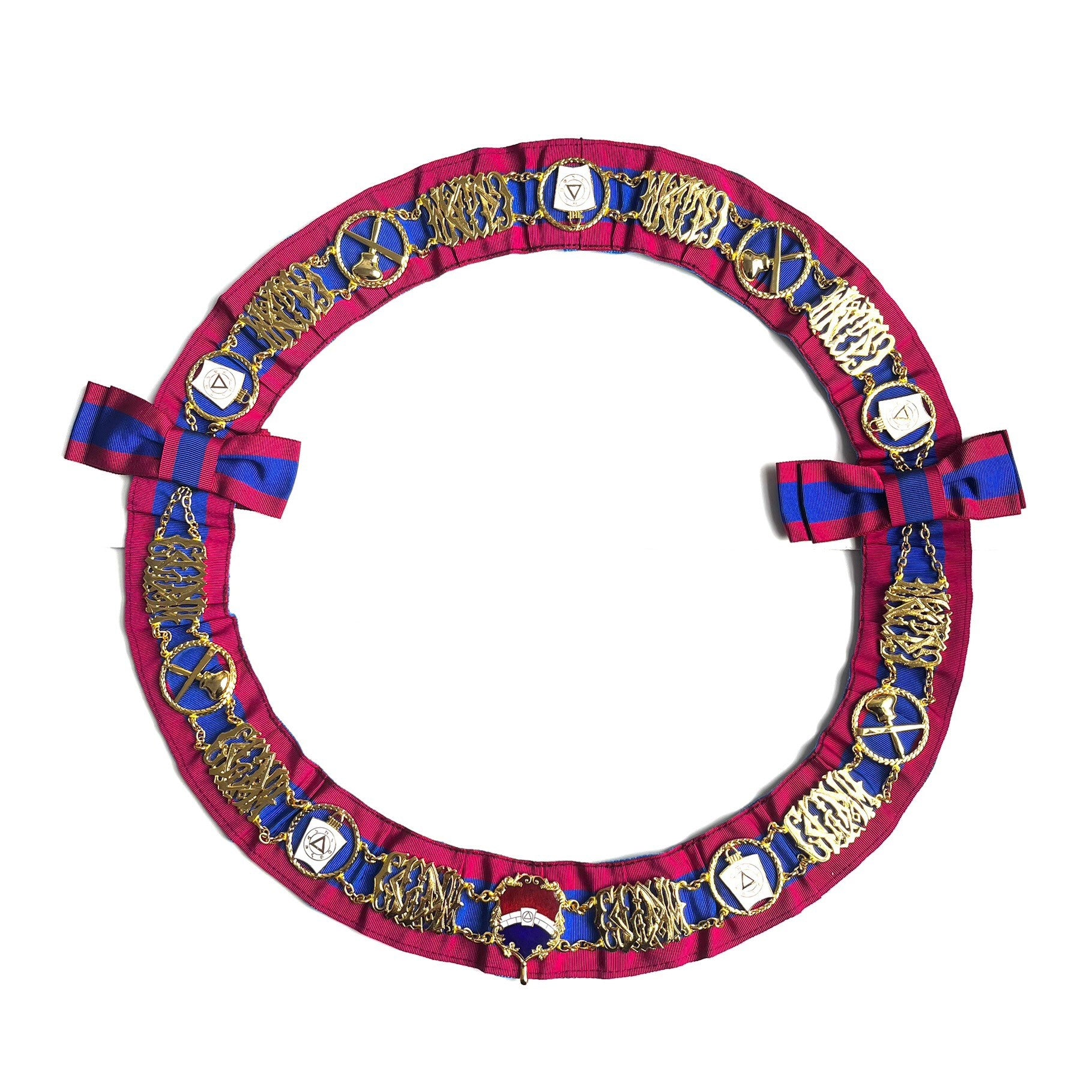 A circular Masonic Mark chain collar with red, gold, and blue colours and decorative elements.