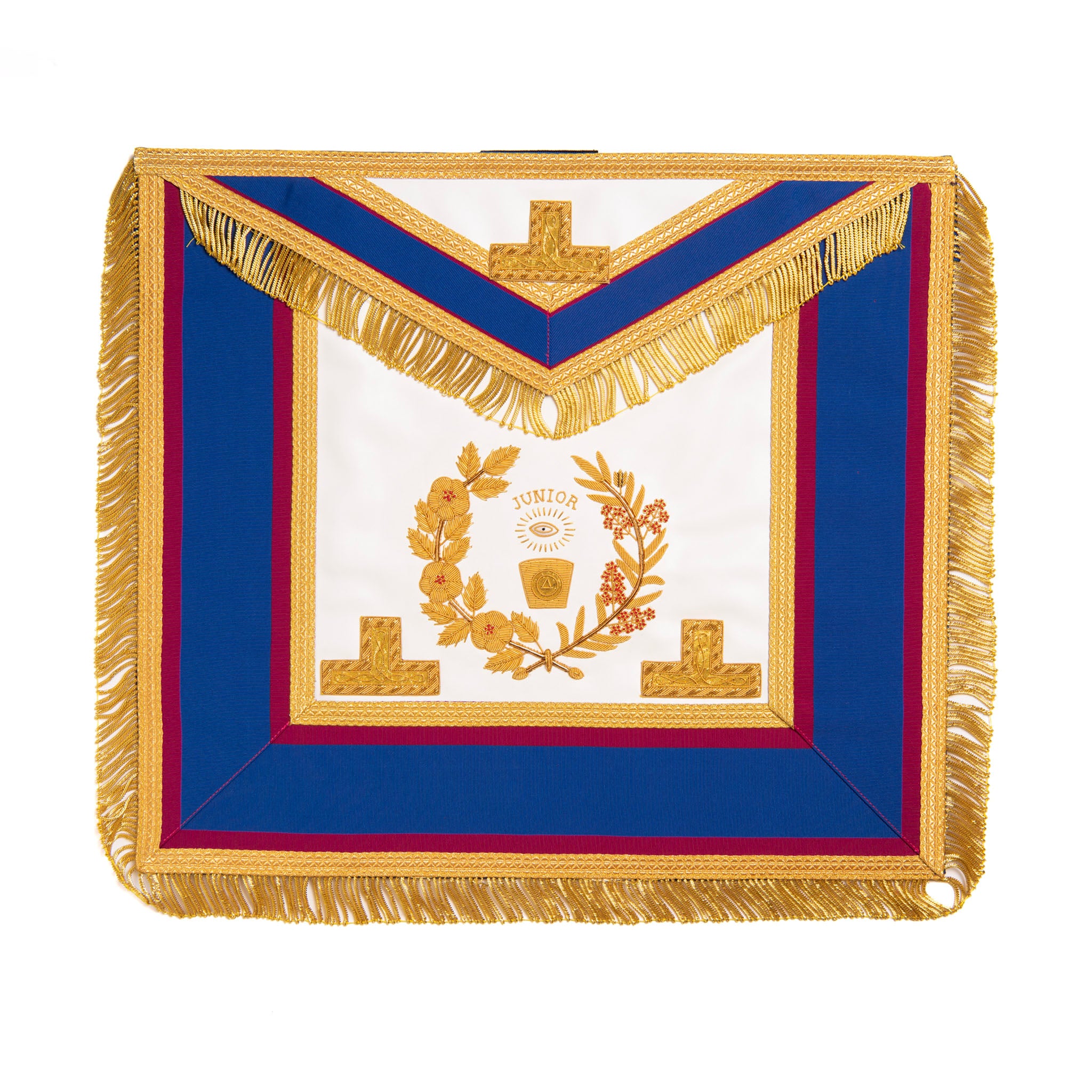 A Mark Grand Rank apron with a blue and red border and a central emblem featuring a floral design.