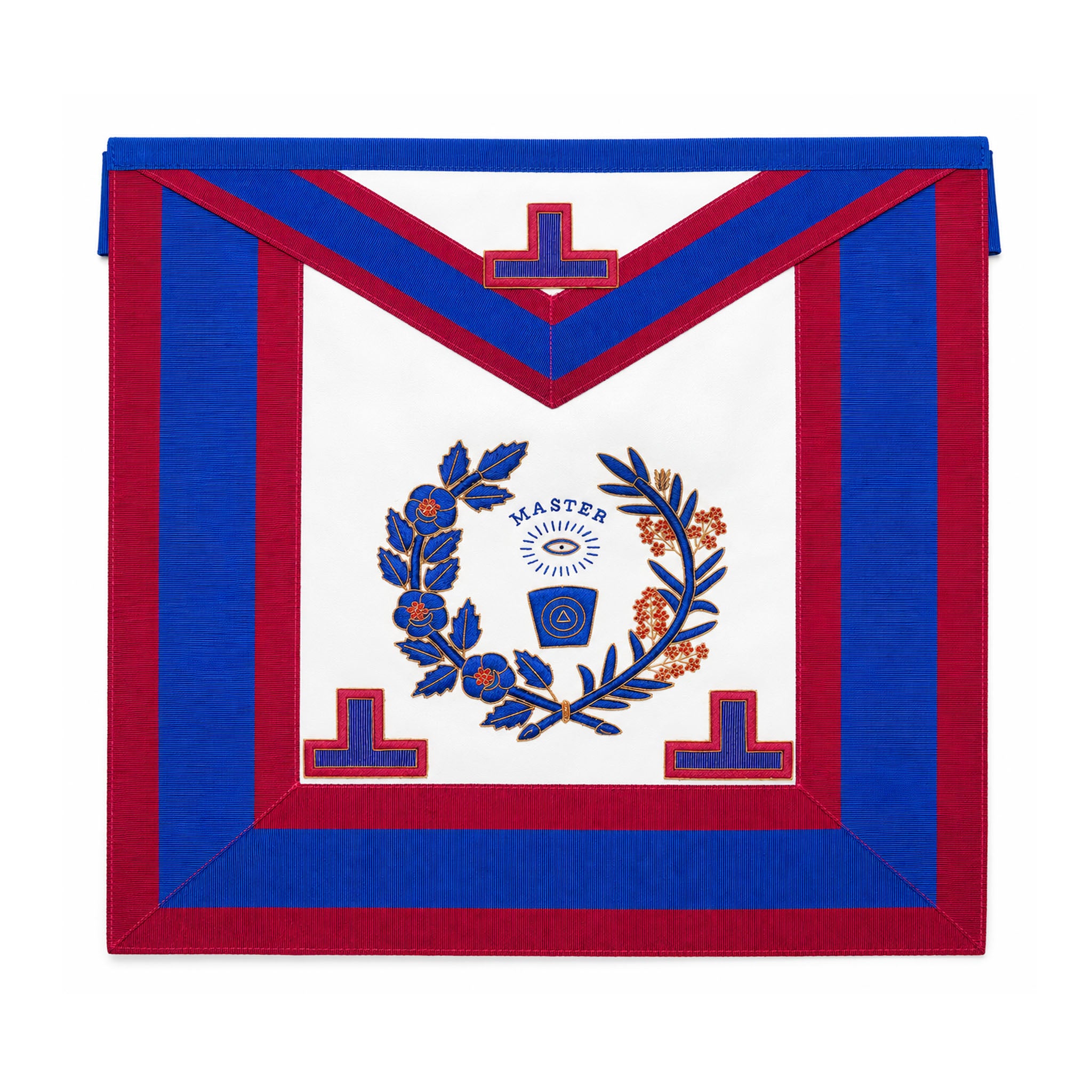 Mark Grand Rank Apron featuring blue and burgundy with white centre.