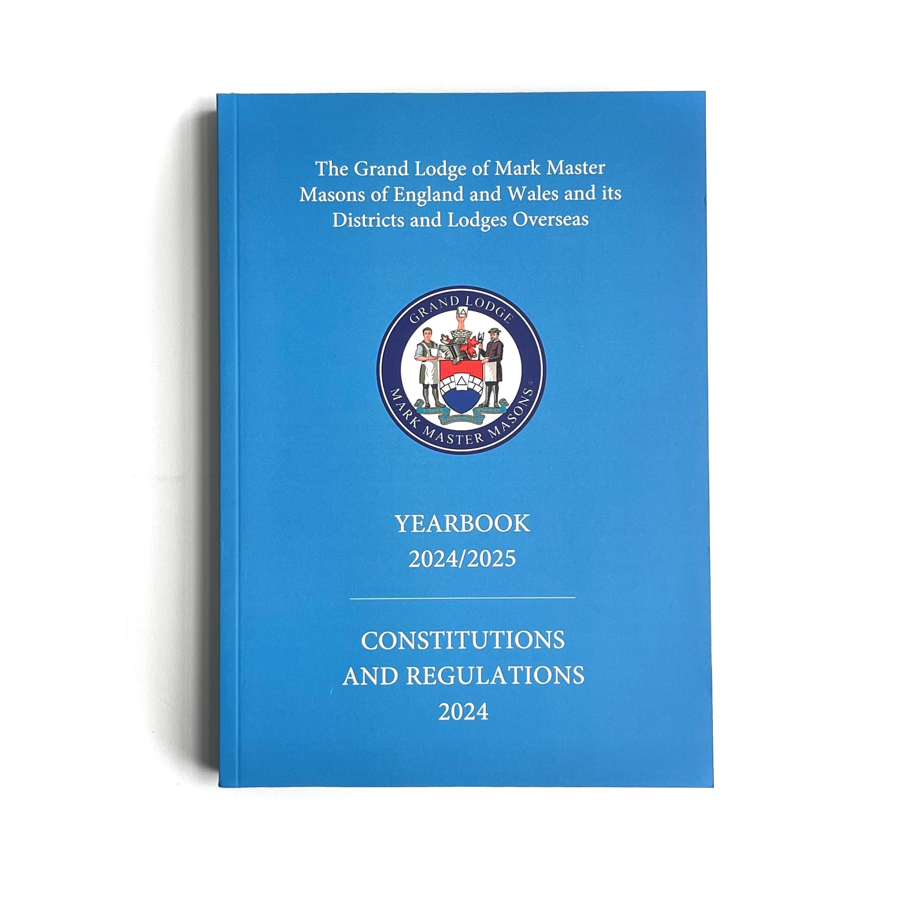Blue book titled 'Yearbook 2024/2025 Constitutions and Regulations 2024' with a logo on a white background