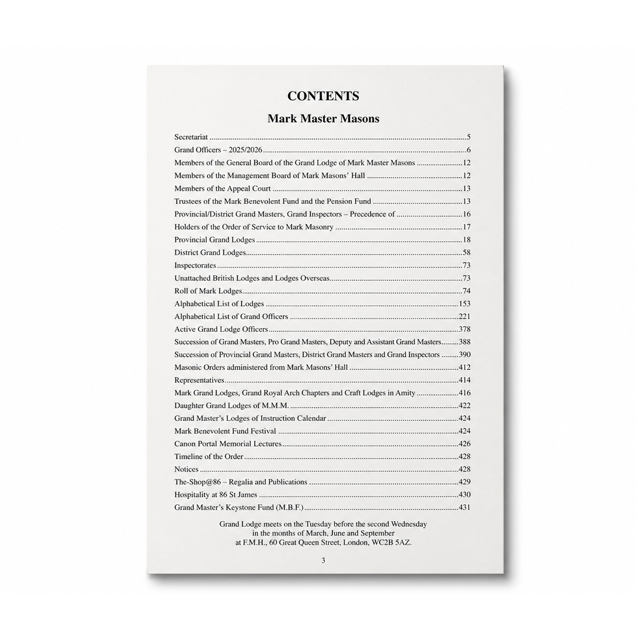 Masonic Mark Masons Book of Constitutions and Yearbook 2025/2026 contents