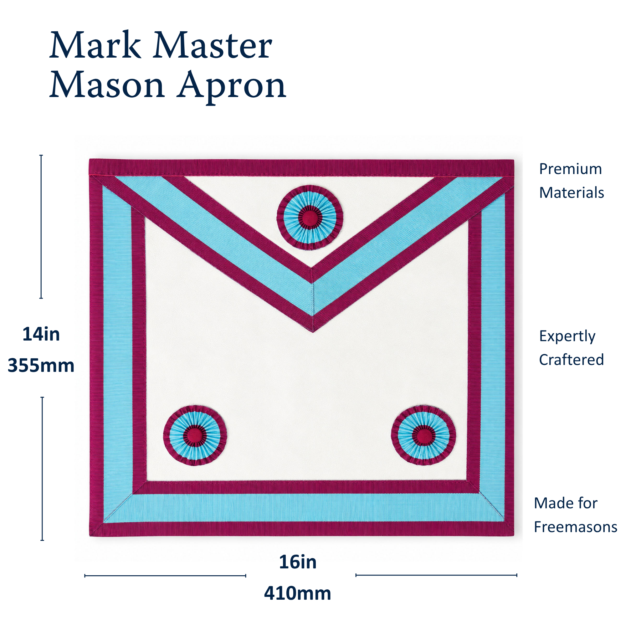 Mark Mason Apron three pleated rosettes. Size dimension.