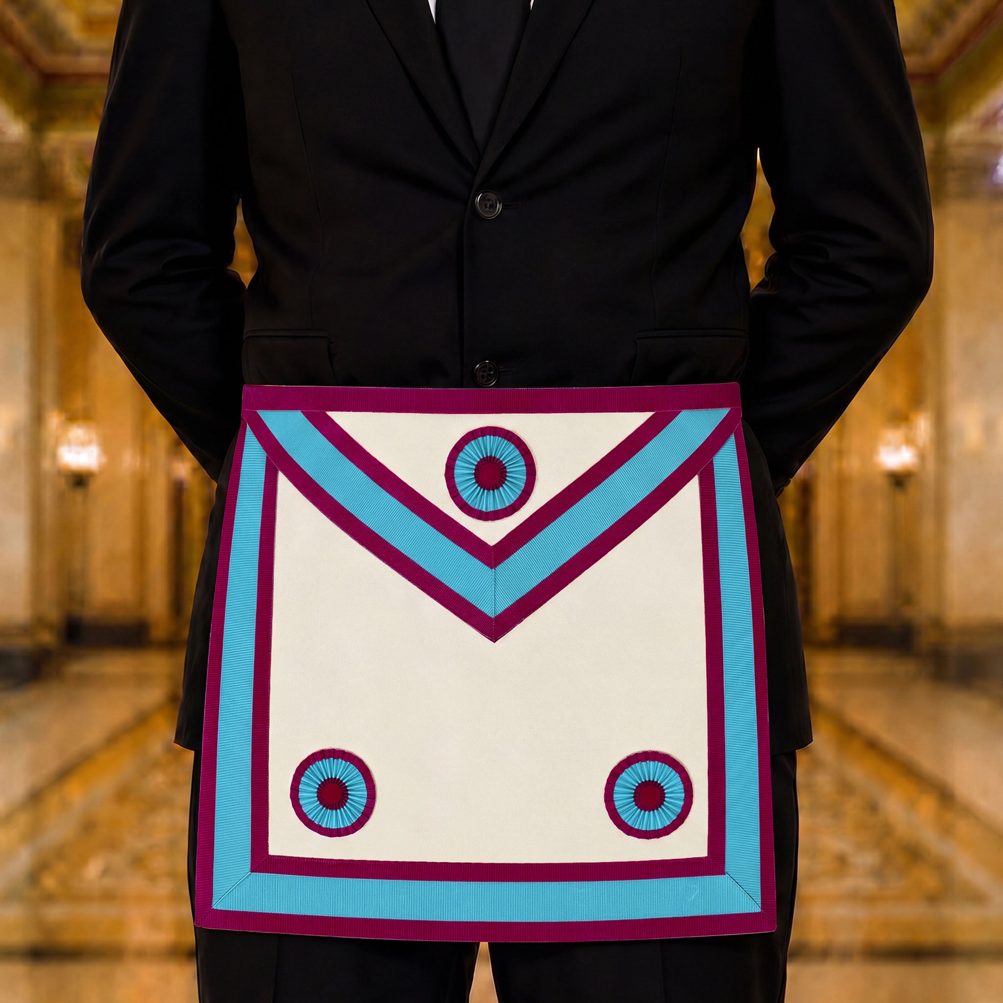 UGLE official Mark Mason Apron three pleated rosettes being worn