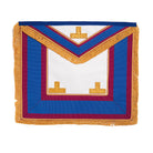 A Masonic provincial apron featuring blue and gold colors with a red collar and gold fringes.