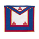 A Masonic Provincial Apron featuring a white field with a central design, surrounded by blue and red borders with gold trim.